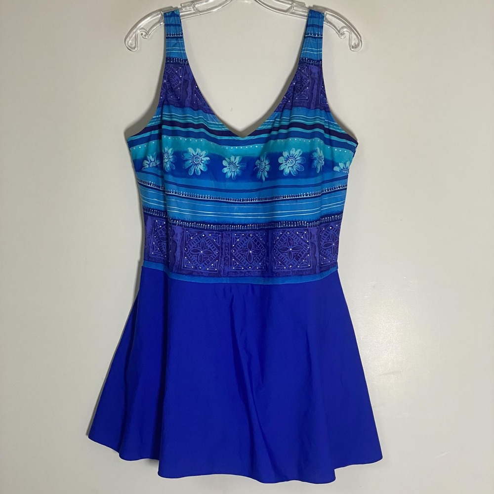 Blair Swimdress Womens 20W Blue Floral Tank One Piece Tummy Control Skirted